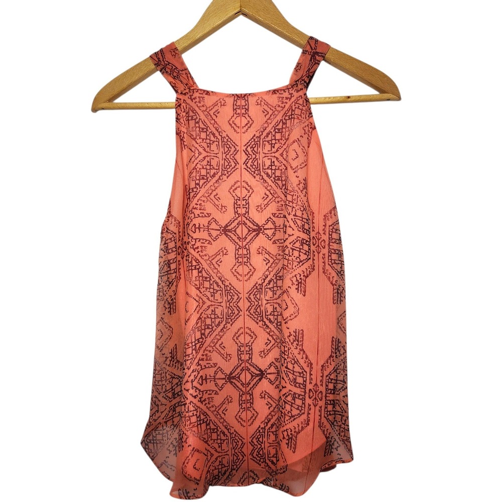 Sundance Women 100% Silk Halter Top Coral Orange Geometric Print Blouse Size 10